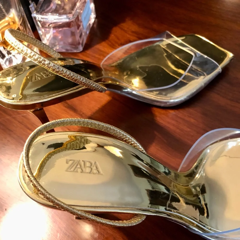 ZARA Gold Metallic Heel Sandals with Clear Strap - Picture 4 of 6
